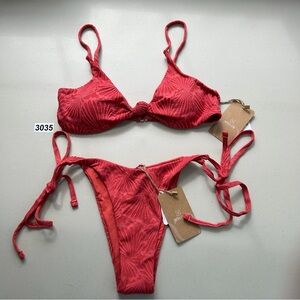 Berlook Bikini Set Small Red Jacquard Knot Top Tie Bikini Bottom New